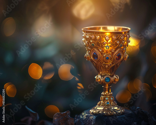 Golden Chalice, adorned with jewels, offering endless nectar Envisioned in a majestic castle, under a starlit night Realistic, with golden hour lighting, and depth of field bokeh effect