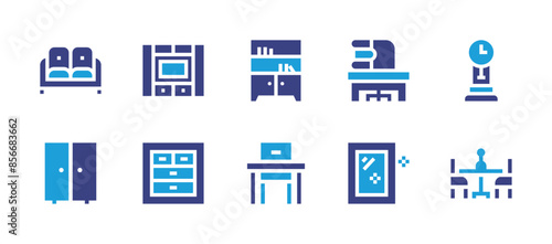 Furniture icon set. Duotone color. Vector illustration. Containing schooldesk, window, tv, cabinet, office, closet, sofa, kitchentable, nightstand, clock. photo