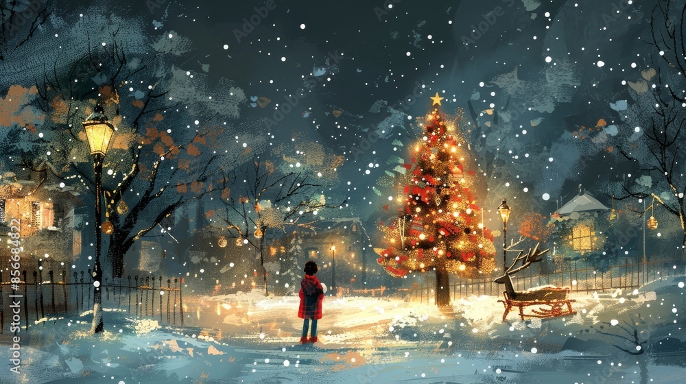 Seasonal and Holiday Themes Christmas: An illustration capturing the spirit of Christmas, with decorated trees, festive lights, and a cozy Seasonal and Holiday Themes Christmas: An illustration capturing the spirit of Christmas, with decorated trees, festive lights, and a cozy