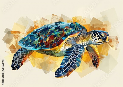 Colorful, polygonal sea turtle swims through an abstract ocean landscape, with a background of yellow, brown, and orange geometric shapes photo