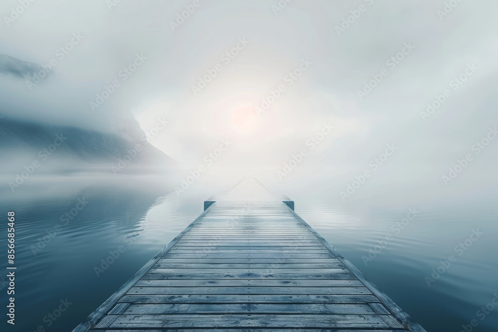 Foggy lakeside view with a wooden pier extending into the mist, evoking a sense of calm and mystery. Concept of tranquility, mystery, nature, and solitude.
Foggy lakeside view with a wooden pier extending into the mist, evoking a sense of calm and mystery. Concept of tranquility, mystery, nature, and solitude.
