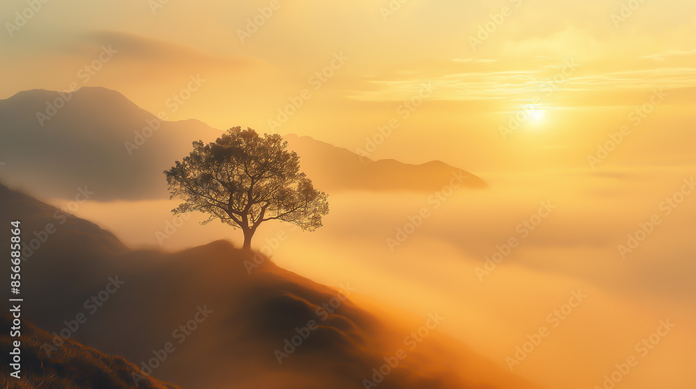 sunrise and tree in fog sunset nature montians lanscape warm lighting sunrise and tree in fog sunset nature montians lanscape warm lighting