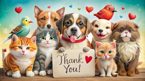 Adorable cartoon animals, including a kissing cat, dog, and bird, gather around a colorful thank you card with a big red lip mark on it. photo