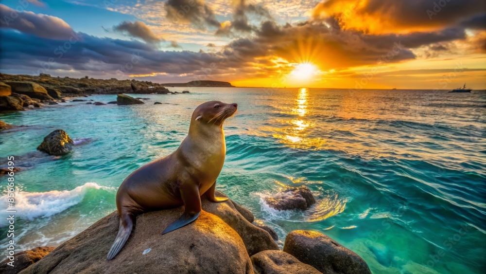 Fototapeta premium Warm golden sunset illuminates the serene galapagos shoreline where a lone sea lion basks on a rock, surrounded by crystal clear turquoise waters.