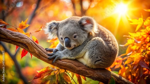 A cute koala snugly curled up on a branch surrounded by vibrant autumn leaves with warm golden light filtering through the foliage.