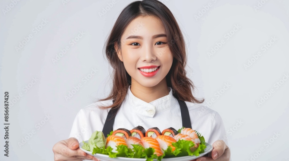 young Asian beautiful woman cook in uniform holding a plate with an appetizing set of rolls in her hands, smiling, looking at the camera, studio shooting, white background young Asian beautiful woman cook in uniform holding a plate with an appetizing set of rolls in her hands, smiling, looking at the camera, studio shooting, white background