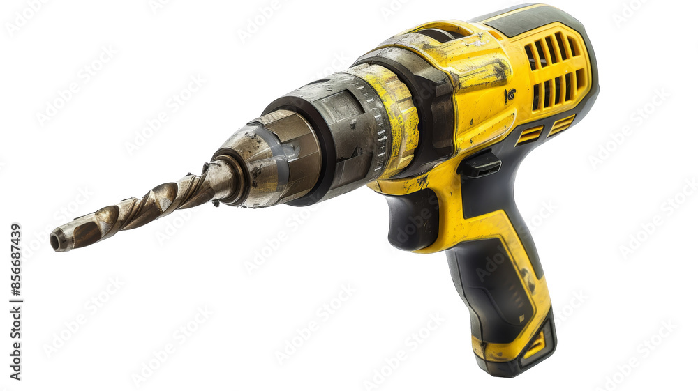 Close-up of a yellow cordless drill with a metal drill bit, showcasing its robust design and ergonomic handle for efficient drilling tasks. Close-up of a yellow cordless drill with a metal drill bit, showcasing its robust design and ergonomic handle for efficient drilling tasks.