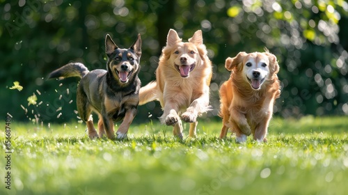 Three cute dogs and a cat run happily on the grass.