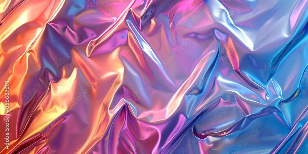 Fototapeta premium A colorful piece of fabric with a rainbow pattern. The colors are bright and vibrant, creating a sense of energy and excitement. The fabric appears to be made of a shiny, reflective material