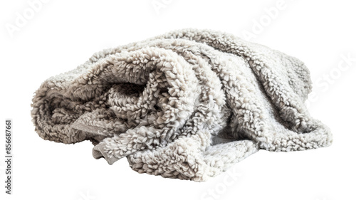 Cozy fluffy gray blanket folded. Soft and warm fabric for comfort at home. Perfect for winter or decor. High-quality textile. Isolated on white.