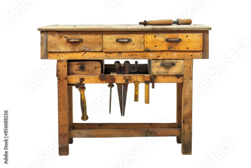 Old wooden workbench with drawers and hanging tools, perfect for carpentry and woodworking projects in the workshop.