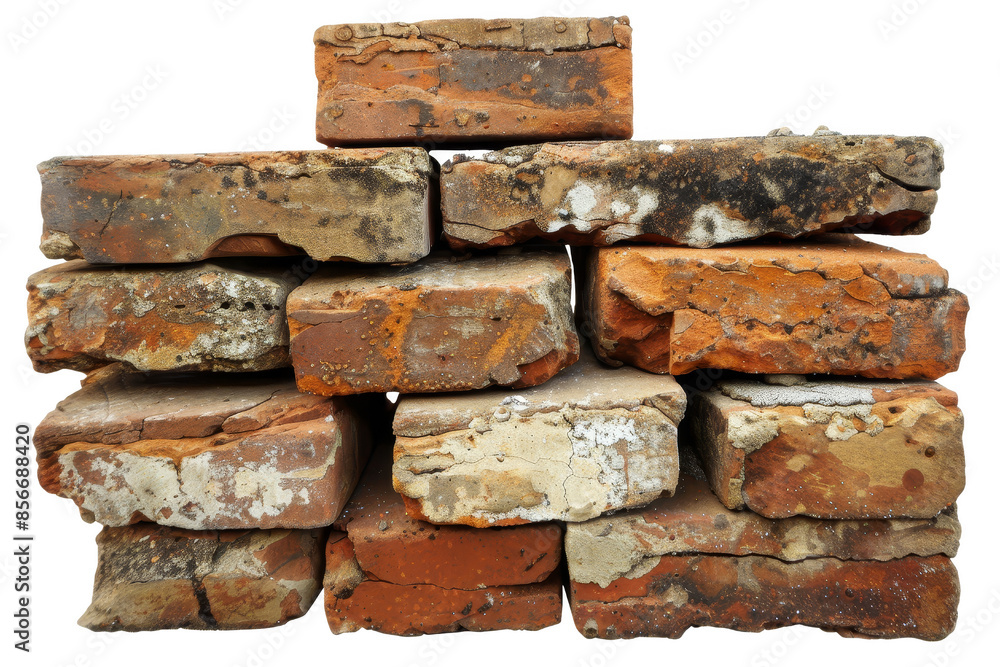 Stack of weathered old bricks in various shades of red and brown, suitable for construction or architectural background use. Stack of weathered old bricks in various shades of red and brown, suitable for construction or architectural background use.