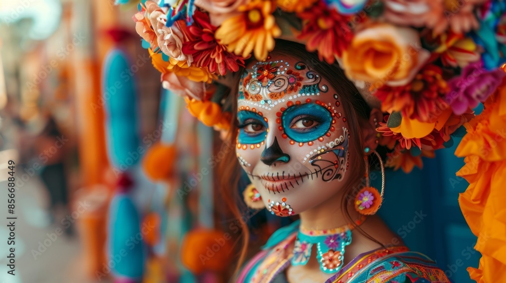 portrait of a beautiful smiling young woman with makeup on her face for the Day of the Dead celebration and carnival costume. portrait of a beautiful smiling young woman with makeup on her face for the Day of the Dead celebration and carnival costume.