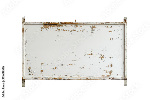 Vintage metal sign with rust and chipped paint on a white background, perfect for use in advertising or as a decorative element.