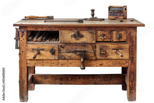 Vintage wooden workbench with drawers and tools includes drawers, vice, and tools for carpentry. Ideal for craftsman workshop setting.