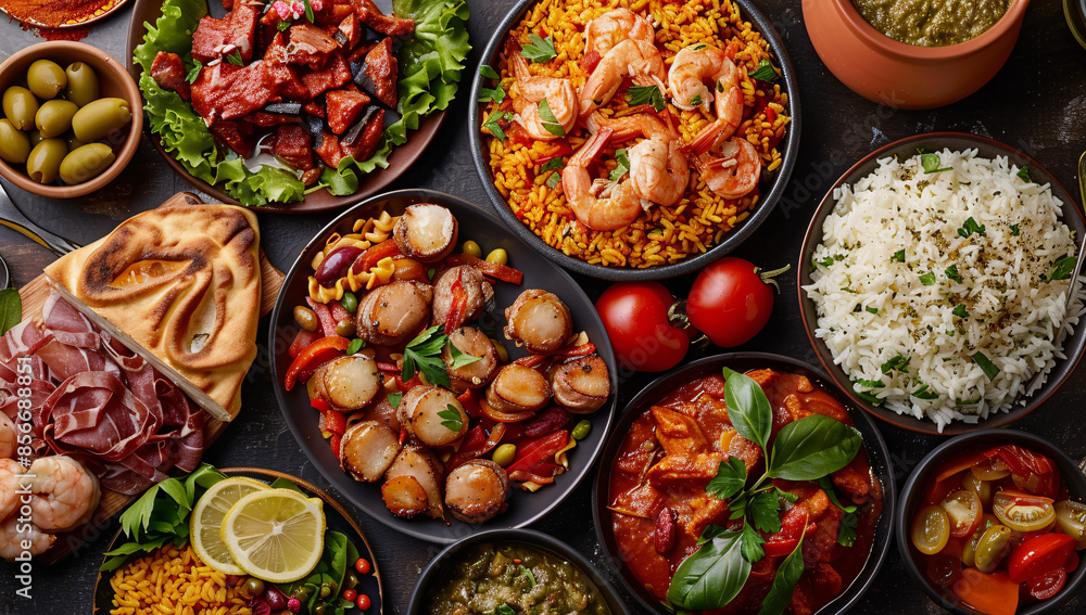 Assorted Spanish food and rice dishes shot from overhead composition. Perfect for showcasing traditional cuisine and dining culture.
