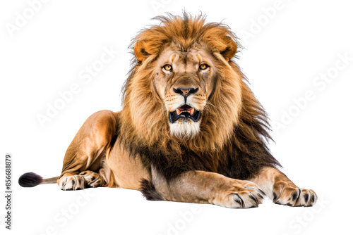 A majestic lion with a full mane lying down, looking straight ahead. Perfect for wildlife, nature, or safari-themed projects. photo