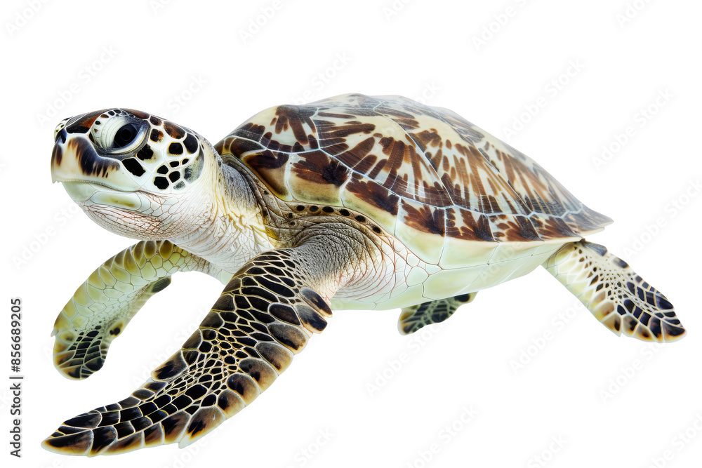 Fototapeta premium Close-up image of a sea turtle swimming gracefully, showcasing its intricate shell pattern and detailed features.