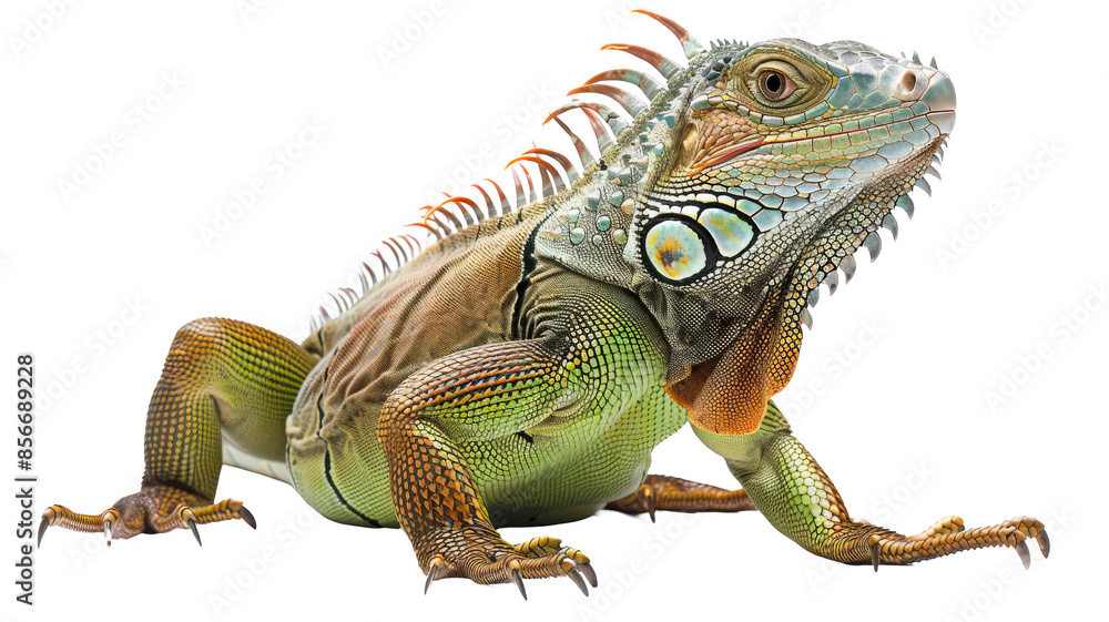 Obraz premium Close-up of a green iguana with vibrant colors and detailed textures, showcasing its unique features and natural beauty.