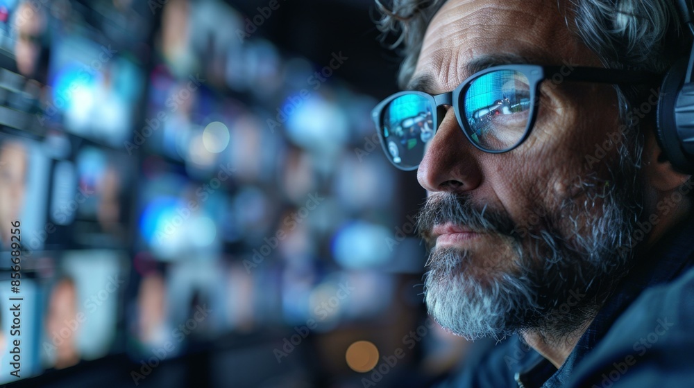 A Man Focused on Video Monitors in a Control Room A Man Focused on Video Monitors in a Control Room