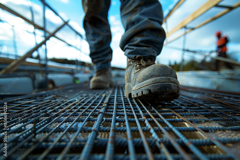 A construction worker is wearing leather safety shoe, standing at construction working site. Generative Ai A construction worker is wearing leather safety shoe, standing at construction working site. Generative Ai