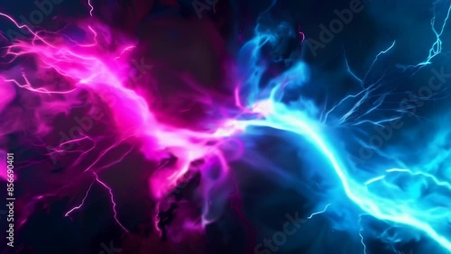 Vibrant streams of pink and blue neon lights intertwine against a dark background. Electric energy flows dynamically, creating a sense of movement and intensity.	