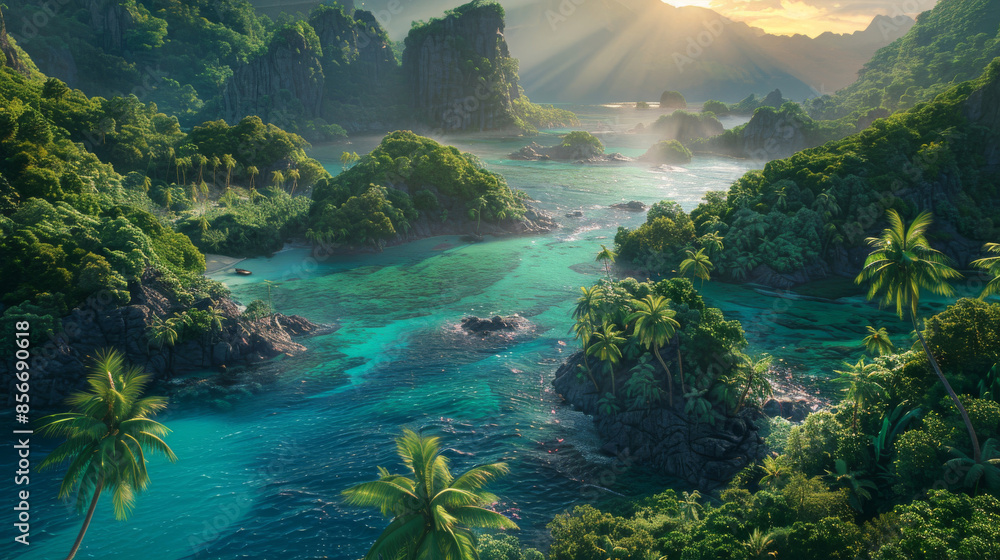 Tropical Island, Nature landscape, crystal blue sea, lush jungle, 300 DPI Tropical Island, Nature landscape, crystal blue sea, lush jungle, 300 DPI