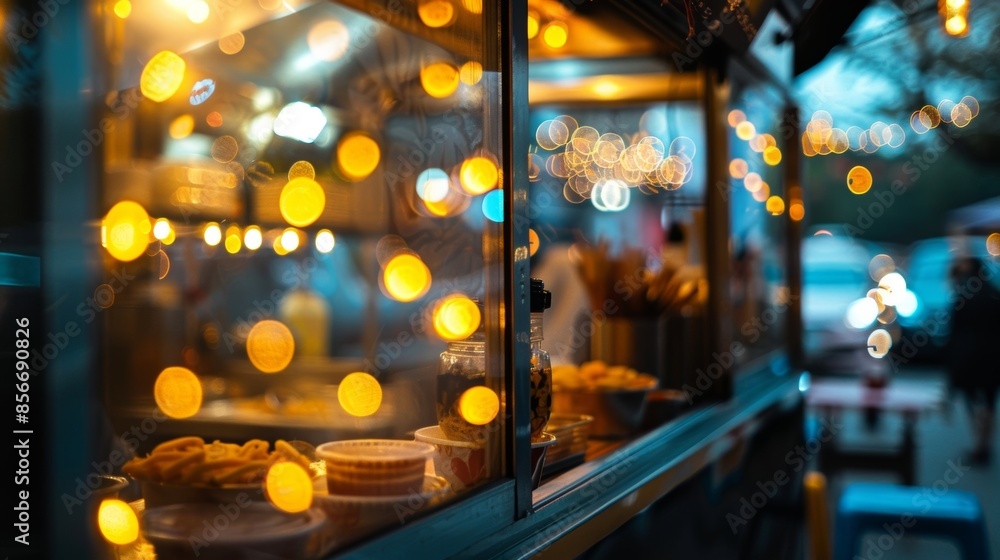 Blurry lights and shadows playing on food truck windows Blurry lights and shadows playing on food truck windows