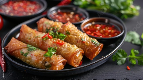 Delicious crispy spring rolls served with spicy dipping sauces, garnished with fresh herbs on a black plate, perfect for an appetizing meal.