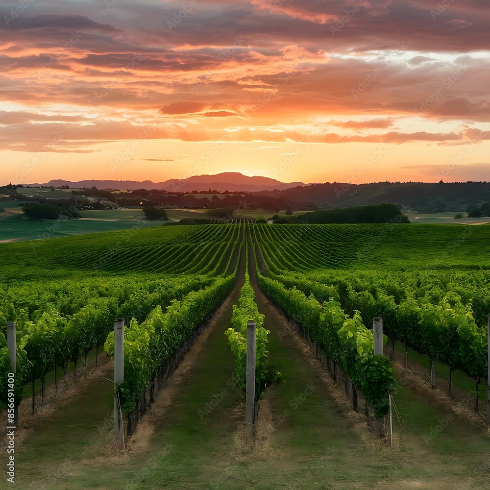 Fototapeta premium vineyard in autumn, vineyard in the morning, vineyard at sunset, vineyard in the morning, plant, valley, winery, france, grass, meadow, blue, road, sunset, land, farmland, farming, crop, horizon