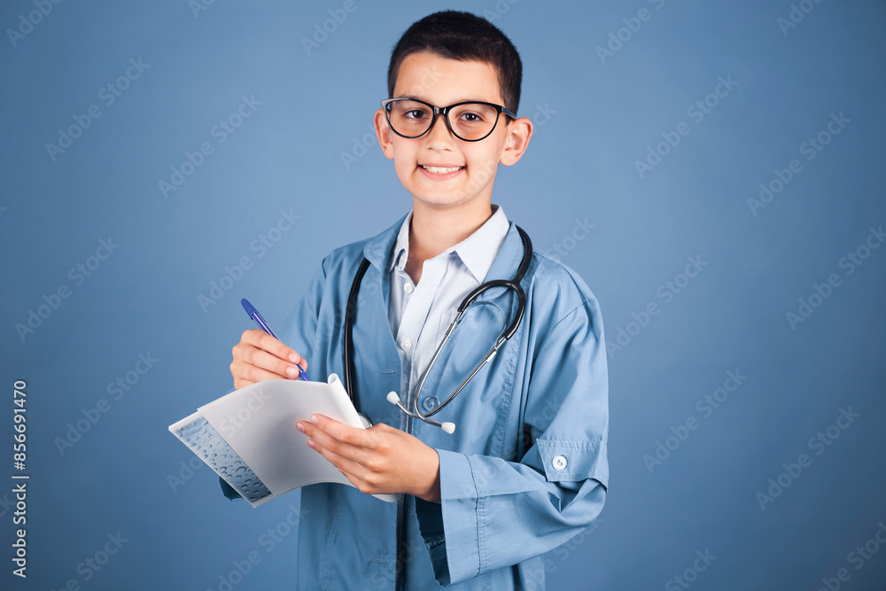 brunette boy doctor in a medical gown with a stethoscope prescribes treatment and writes a prescription for drugs. studio photo. My future profession concept brunette boy doctor in a medical gown with a stethoscope prescribes treatment and writes a prescription for drugs. studio photo. My future profession concept
