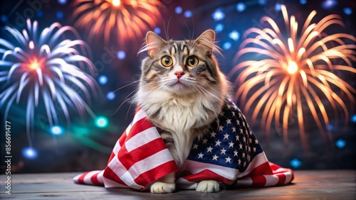 A Cat Wearing An American Flag Sits In Front Of A Background Of Fireworks. photo