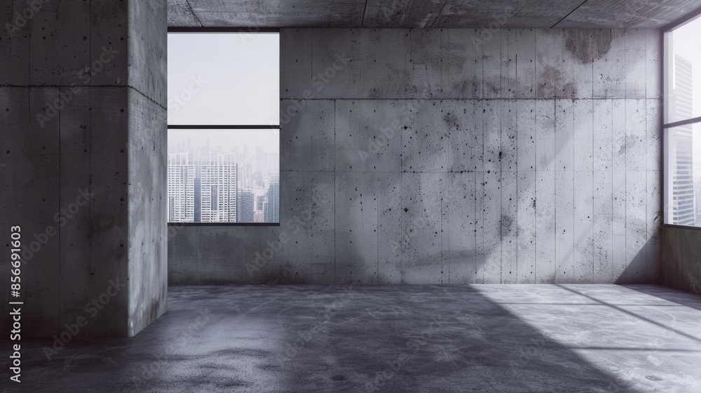 Empty modern office interior with large windows showcasing a city skyline. The concrete walls and floor create a minimalist, grunge aesthetic, ideal for architectural or industrial themes. Empty modern office interior with large windows showcasing a city skyline. The concrete walls and floor create a minimalist, grunge aesthetic, ideal for architectural or industrial themes.