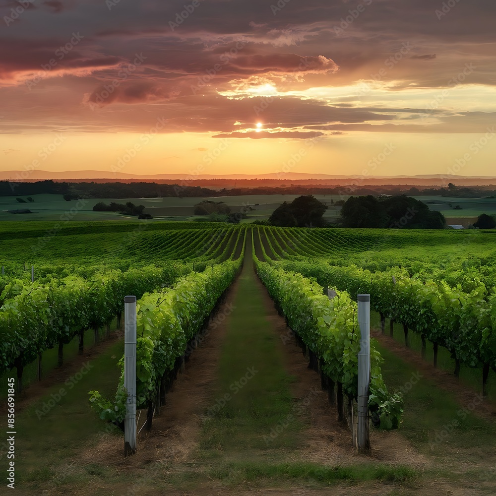 Fototapeta premium vineyard in autumn, vineyard in the morning, vineyard at sunset, vineyard in the morning, plant, valley, winery, france, grass, meadow, blue, road, sunset, land, farmland, farming, crop, horizon