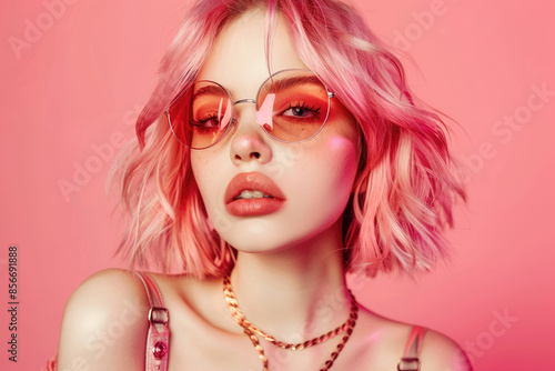 Fashionable female model with Pink Hair, Trendy Sunglasses. Stylish Party Glamour Outfit