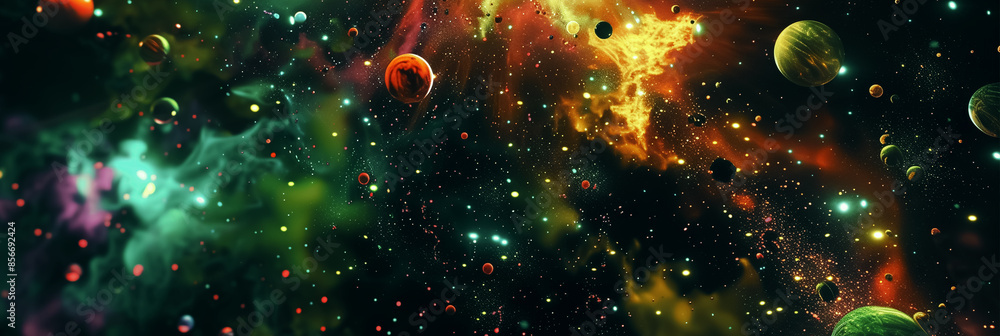 Abstract space with scattered images of bright elements. Cosmic background showing colorful nebulae and star clusters Abstract space with scattered images of bright elements. Cosmic background showing colorful nebulae and star clusters