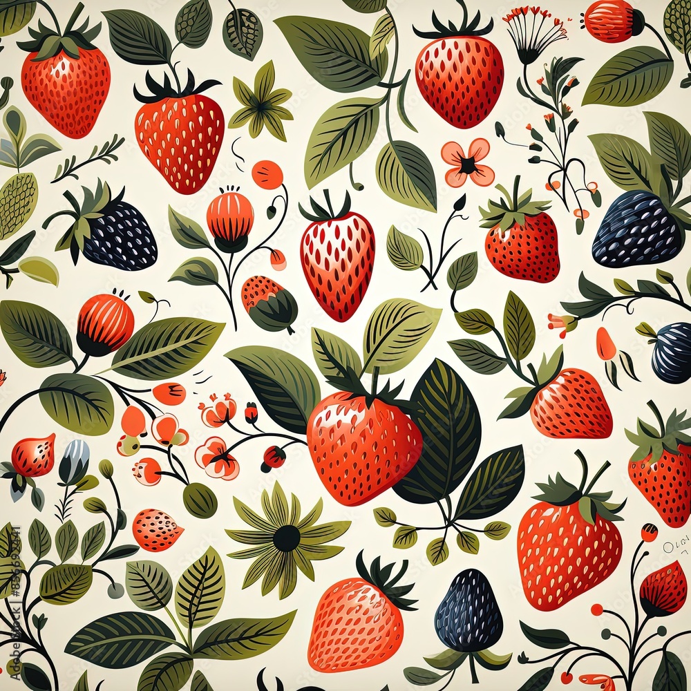 Seamless strawberry and leaf pattern, simple shapes Seamless strawberry and leaf pattern, simple shapes