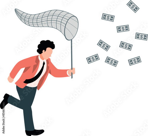 A boy is catching a dollar bills from a net.