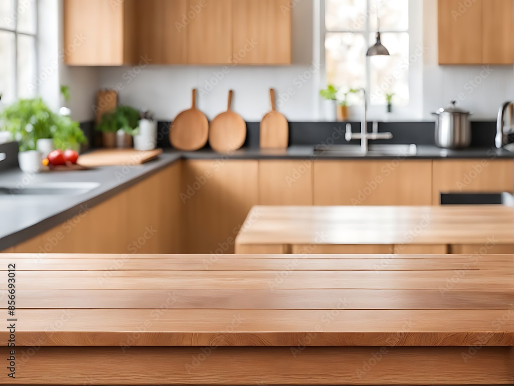 Fototapeta premium Wooden table on blurred kitchen bench background Empty wooden table and blurred kitchen background