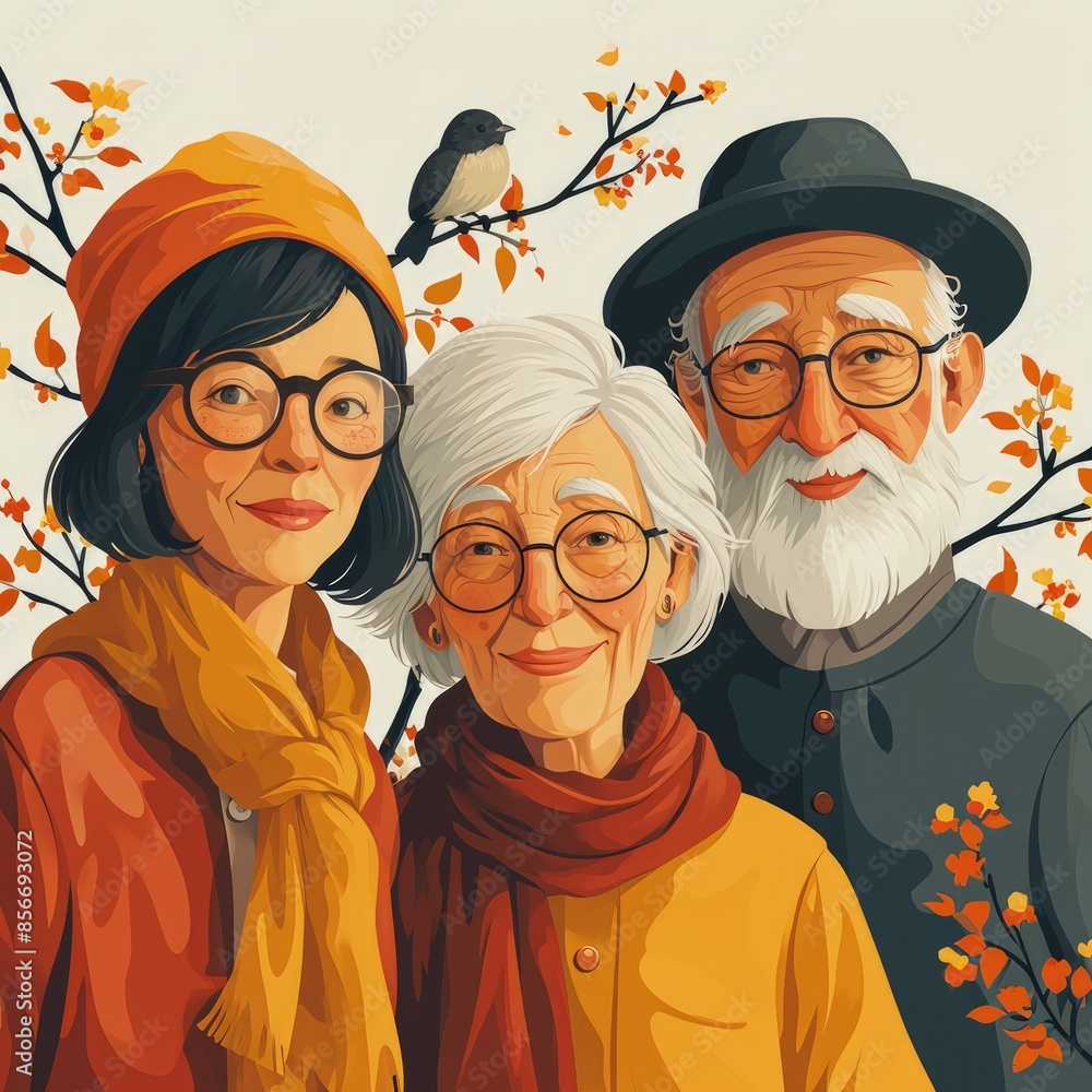 Senior Couple Enjoying Bird Watching with Grandchildren , vector, svg