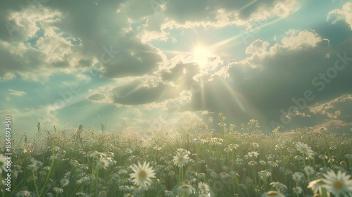 A daisy field under a dramatic cloudy sky, with sunlight breaking through in beams.