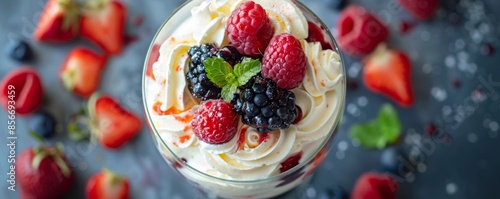 Top-down view of a refreshing summer trifle with layers of sponge cake, berries, custard, and whipped cream in a glass bowl