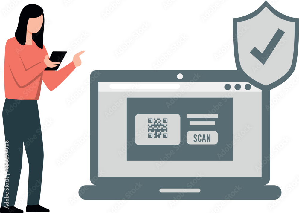 A girl is working on QR scanning on a laptop. A girl is working on QR scanning on a laptop.