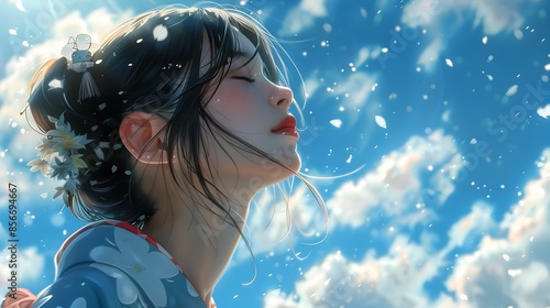 Serene Japanese Style Portrait of a Young Woman Amid Soft Clouds and Breezes