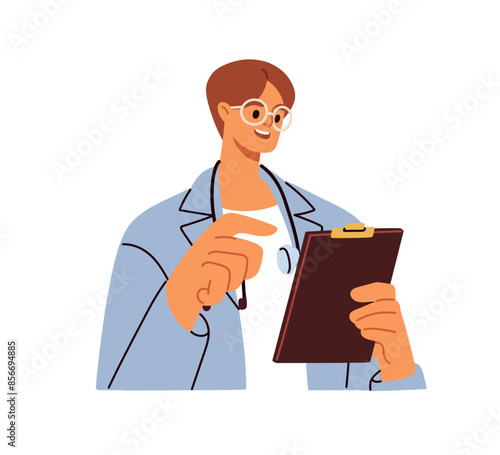 Doctor with clipboard, medical document in hands. Health professional, general practitioner, therapist prescribing. Physician counseling. Flat vector illustration isolated on white background