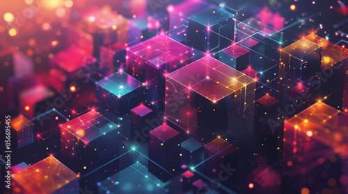 A graphic illustration of a blockchain technology concept with vibrant colors and geometric shapes