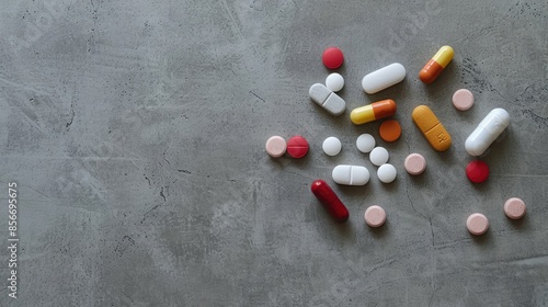 Several pills displayed on a gray concrete surface