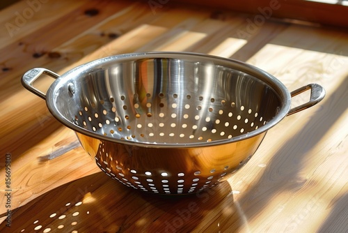A metal colander sits on a wooden table, awaiting use in cooking or food preparation photo