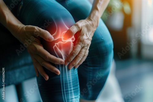 A middle-aged person at home has knee joint pain and redness in the joint area.Suitable for themes such as health, wellness, medicine, etc