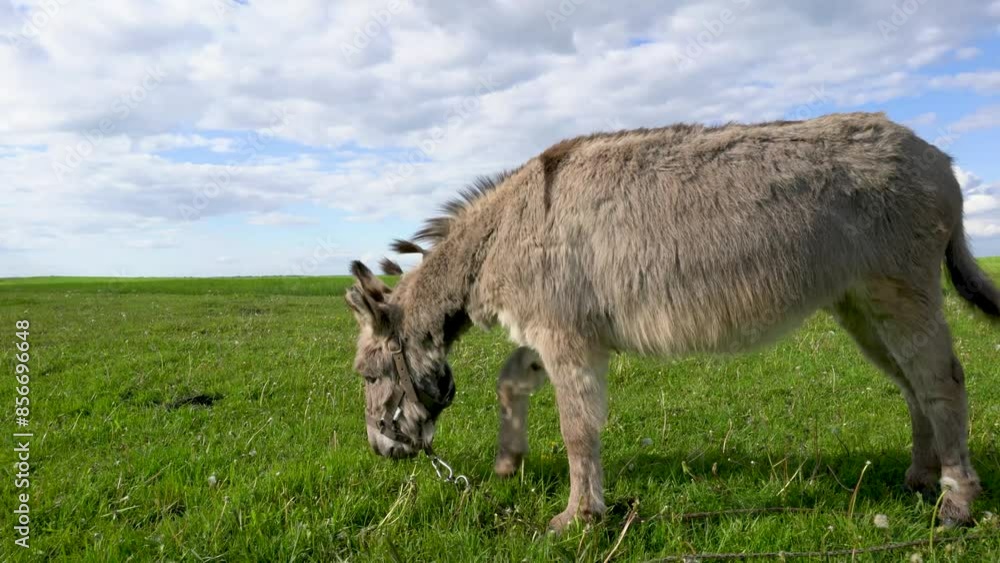 A domestic donkey grazes in a meadow against the sky. A domestic donkey grazes in a meadow against the sky.
